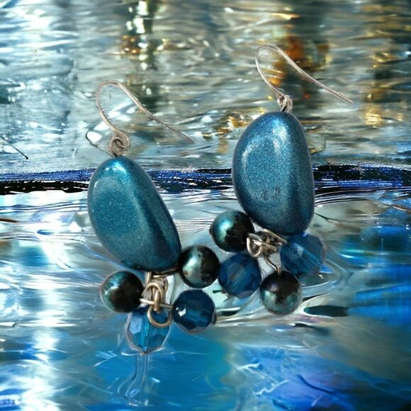 Teardrop Beaded Earrings Dangle Silver Metallic Blue Tone Boho Gypsy Beachy Con - Picture 14 of 15